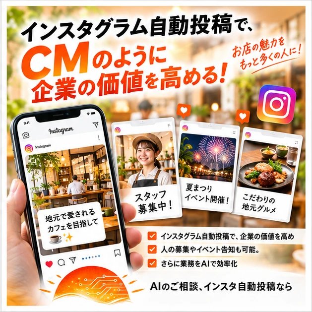 インスタグラム自動投稿で、CMのように企業の価値を高める。スタッフ募集・イベント告知・地元グルメの投稿例